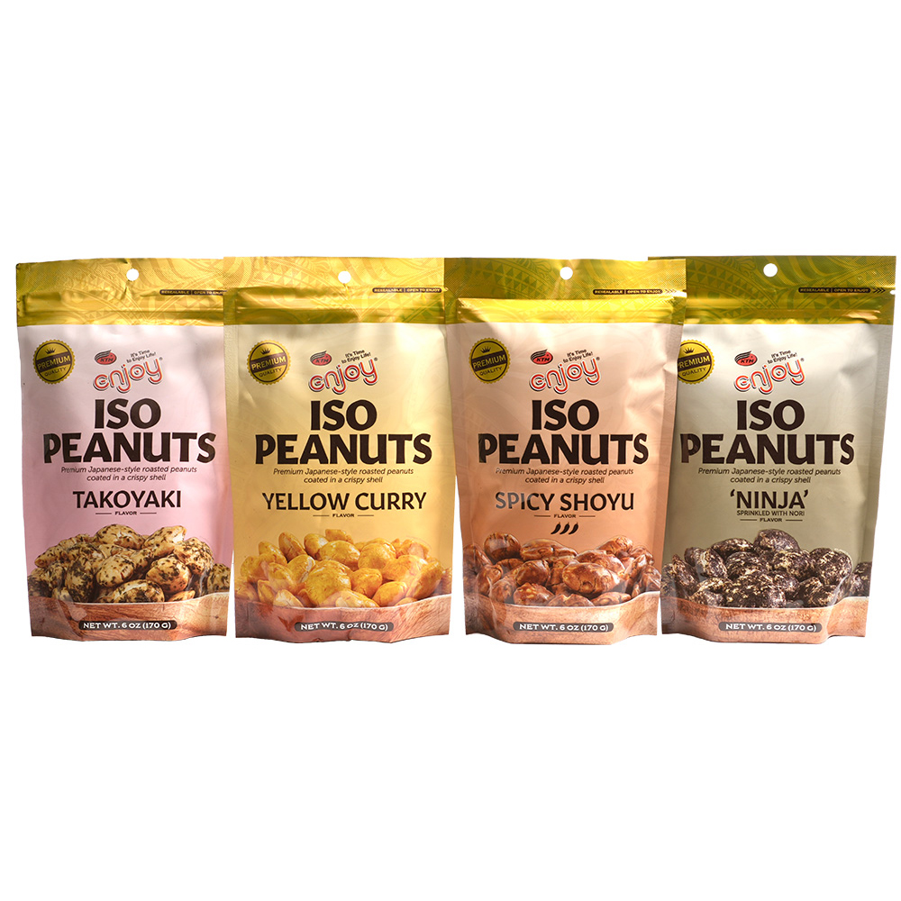 4 new flavors of Iso Peanuts: Takoyaki, Yellow Curry, Spicy Shoyu, and Ninja (Nori)