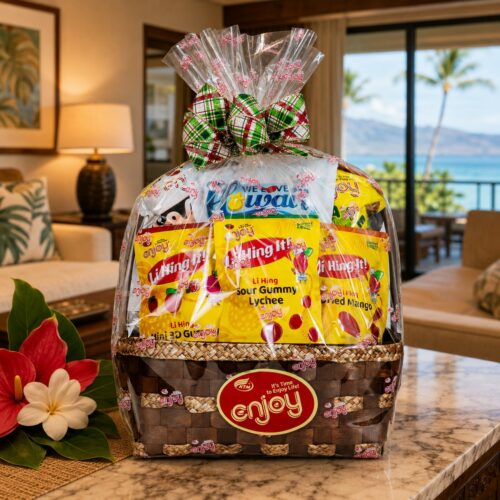 Large gift set of Enjoy snacks on a hotel room table