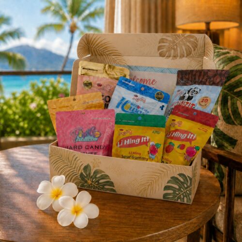 Medium gift set of Enjoy snacks on a hotel bed